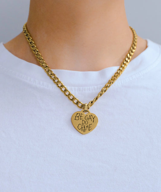 Gold Be Gay Do Crime engraved heart chunky chain in 304 stainless steel