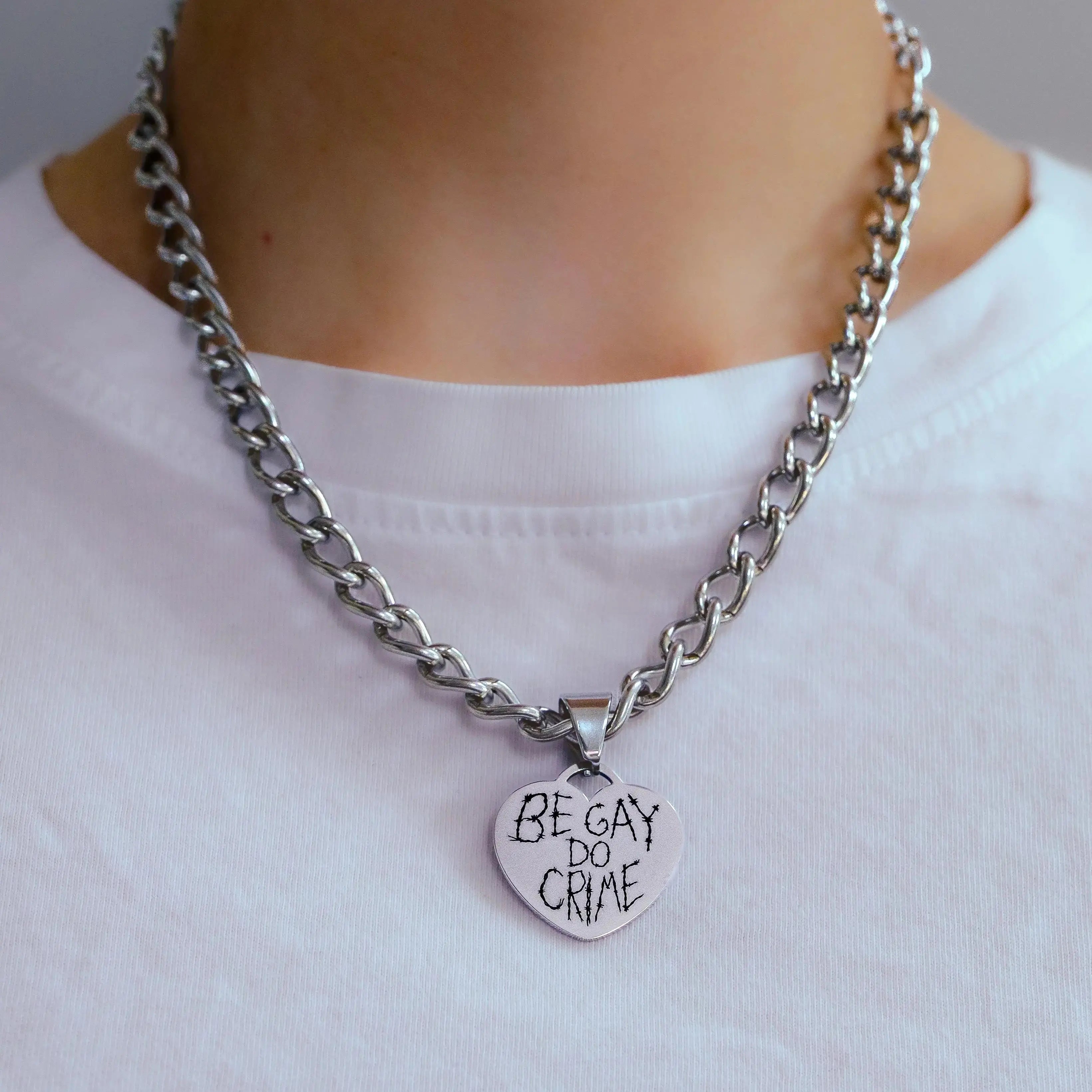 Be Gay Do Crime engraved heart chunky chain in 304 stainless steel Leftbians