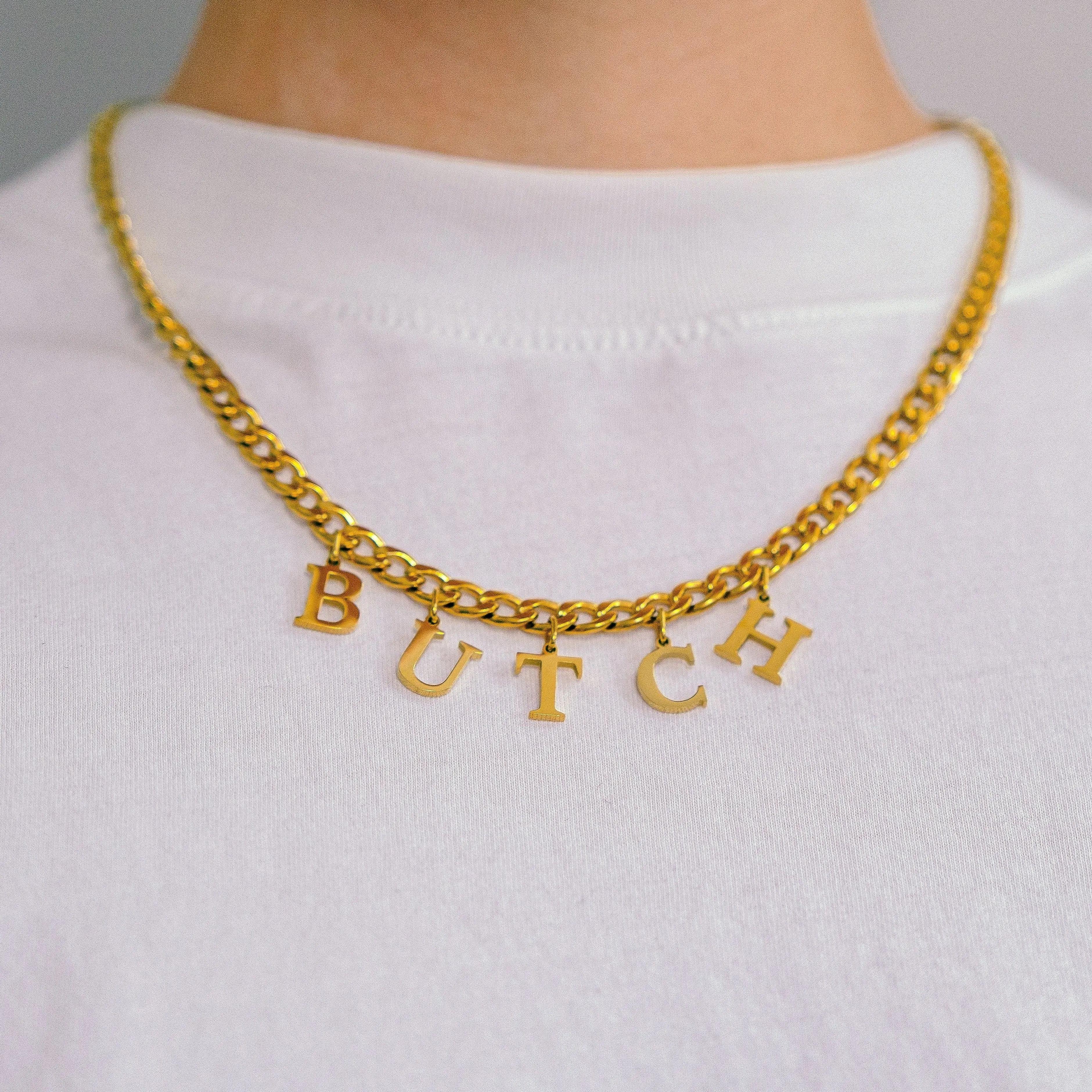Gold BUTCH letter charm chain in 304 stainless steel Leftbians
