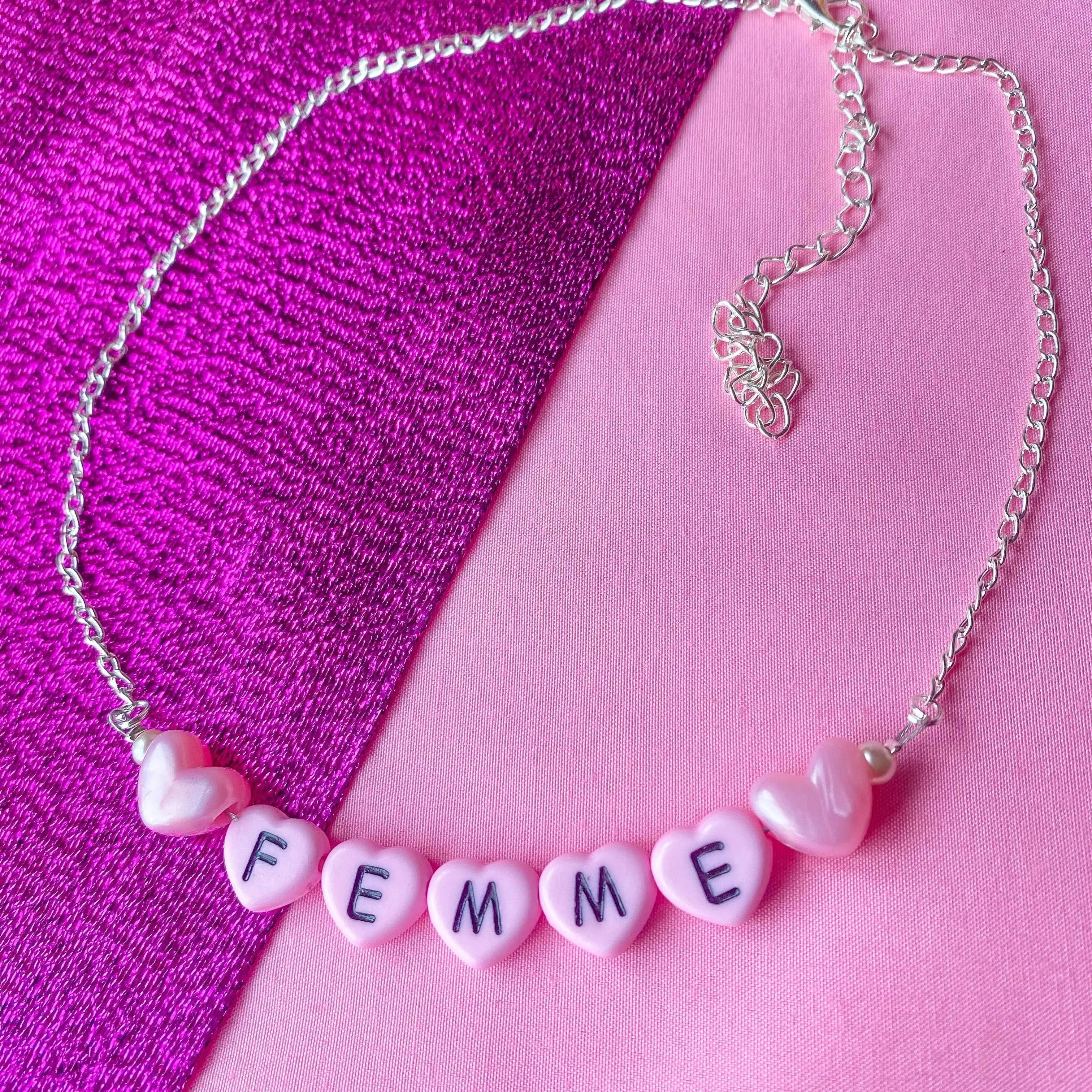 Pink Femme love heart letter bead necklace Leftbians
