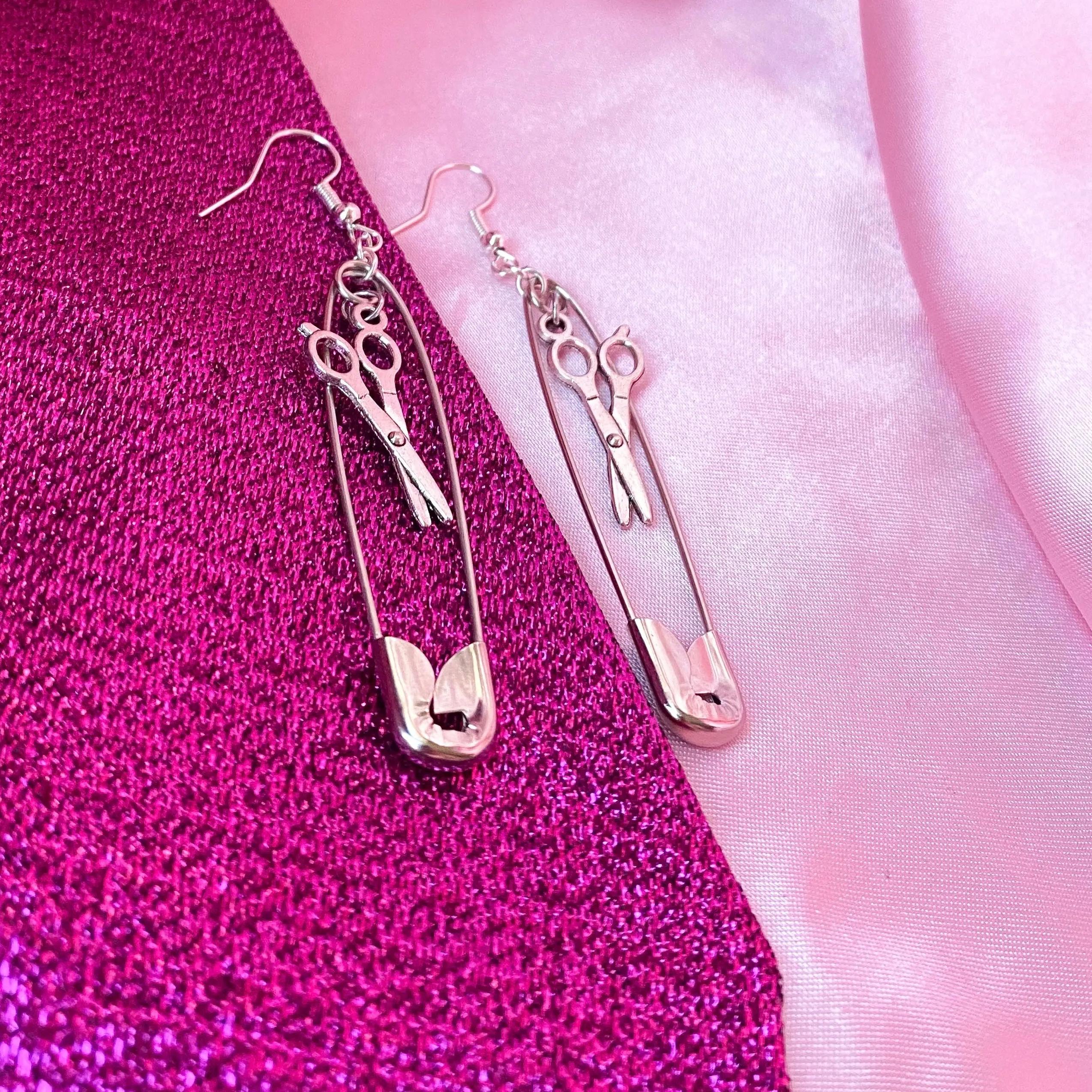 Safety pin earrings with scissor charms Leftbians