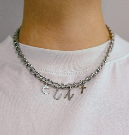 CUNT letter charm chain in stainless steel Leftbians