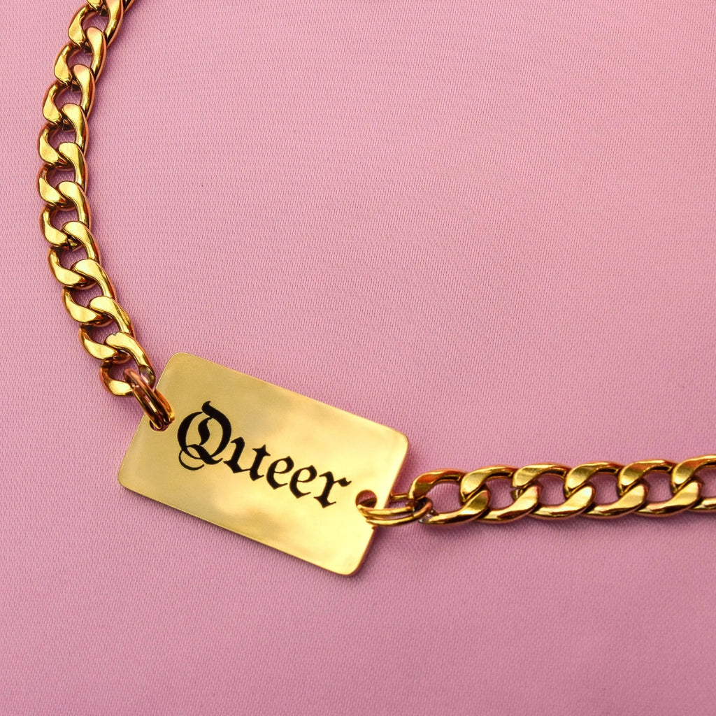 Queer gothic text chain necklace in gold stainless steel Leftbians