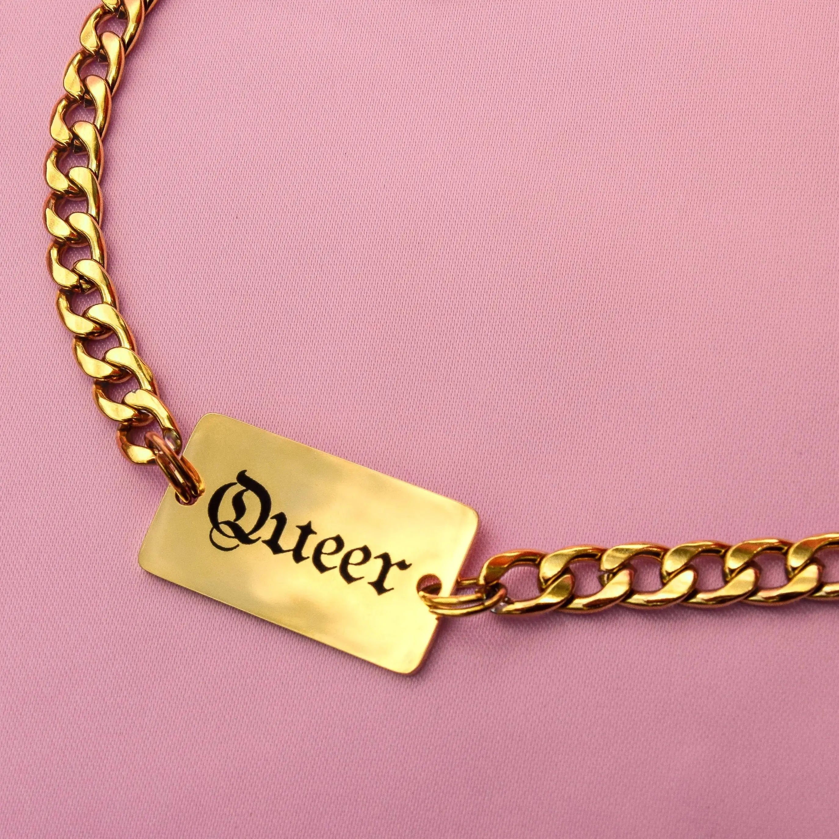 Queer gothic text chain necklace in gold stainless steel Leftbians