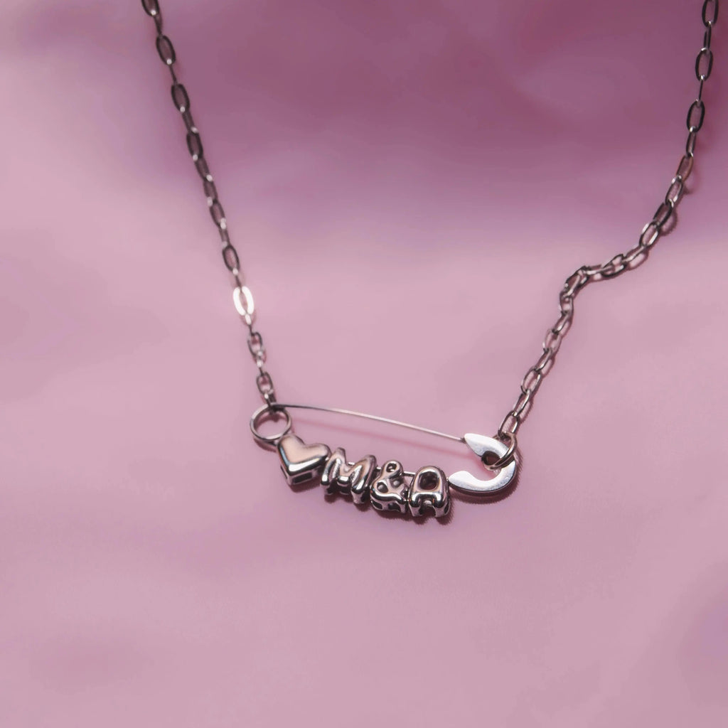 Silver safety pin couple heart necklace Leftbians