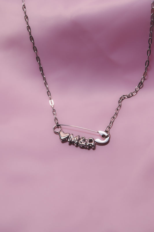 Silver safety pin couple heart necklace