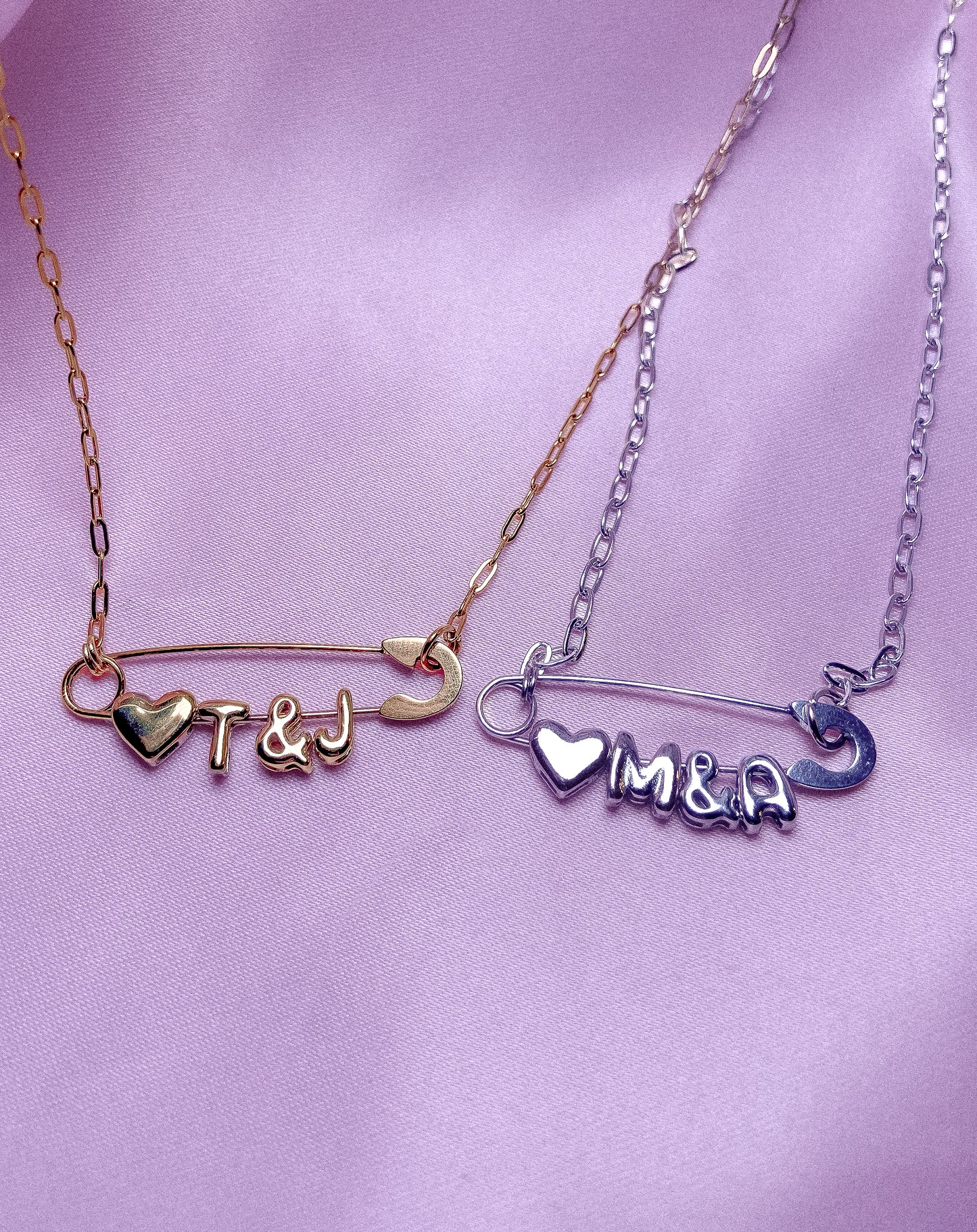 Couple initial safety pin necklace bunlde