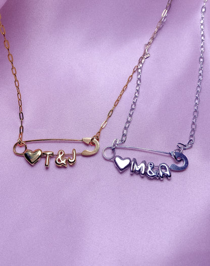 Couple initial safety pin necklace bunlde