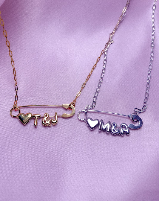Couple initial safety pin necklace bunlde