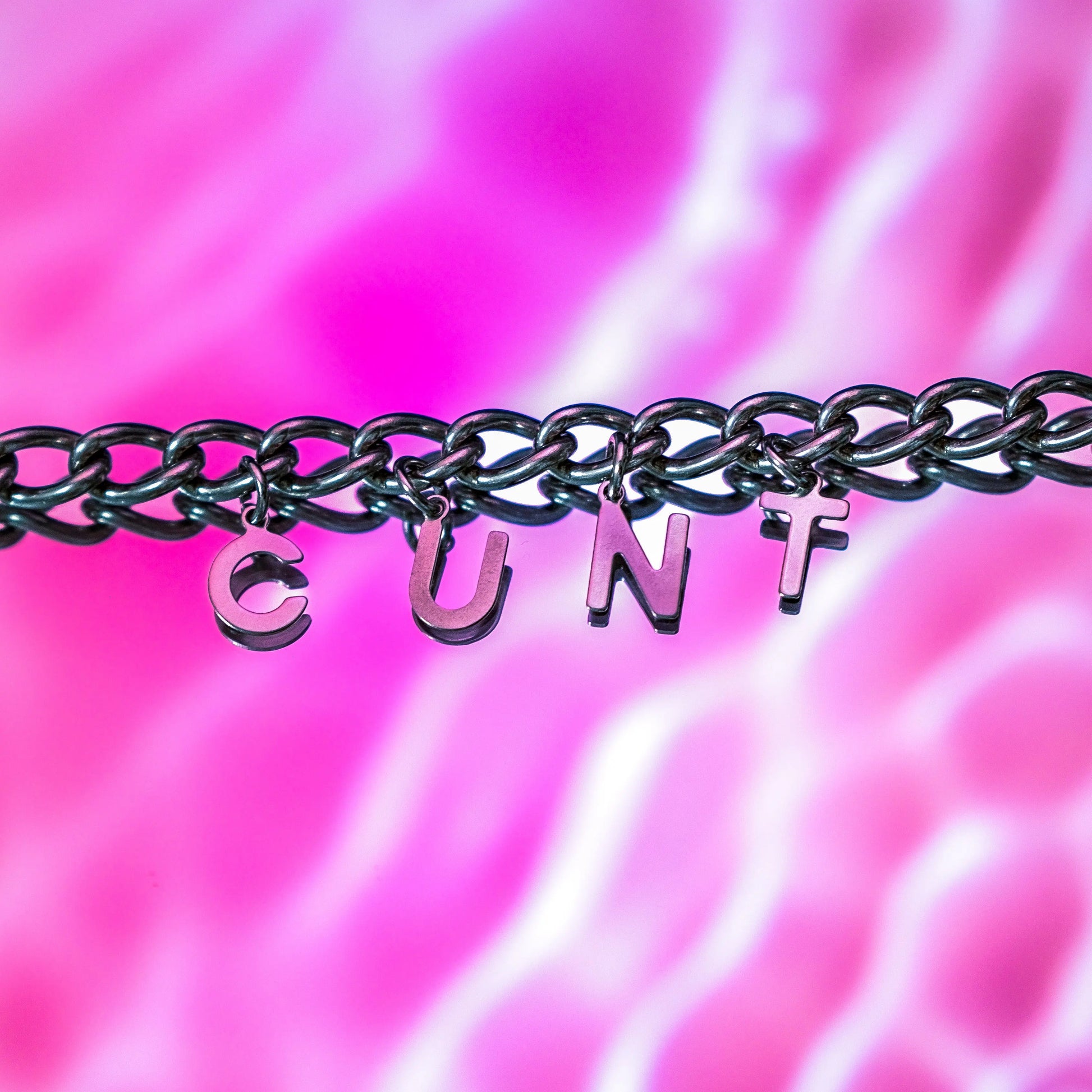 CUNT letter charm chain in stainless steel Leftbians