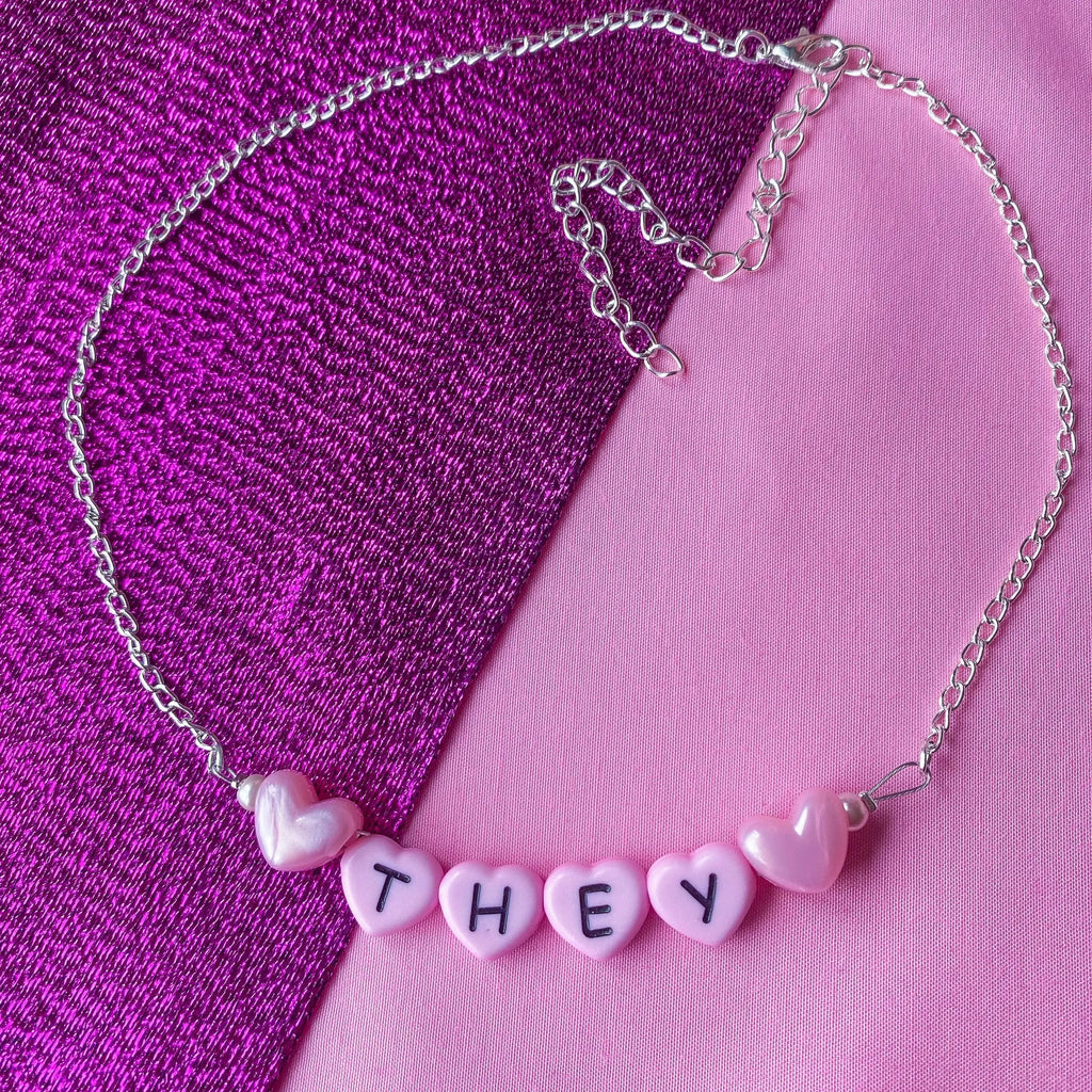 Pink They love heart pronoun letter bead necklace Leftbians