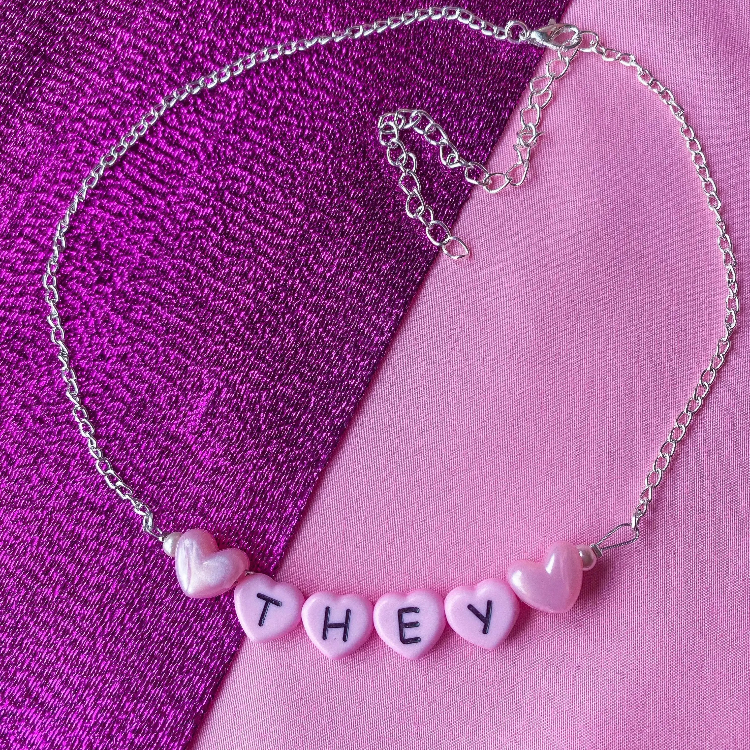 Pink They love heart pronoun letter bead necklace Leftbians