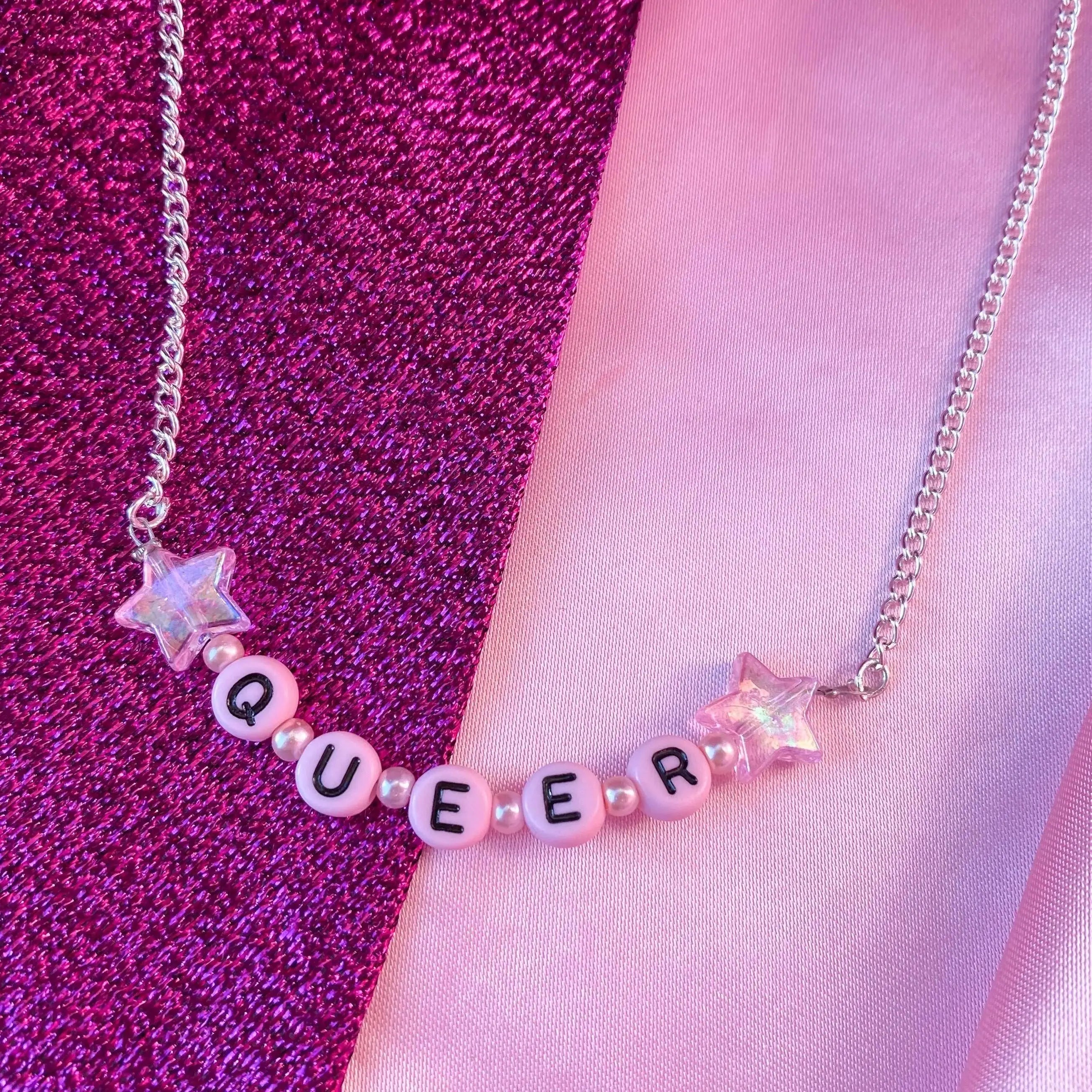 Pink queer letter bead necklace Leftbians