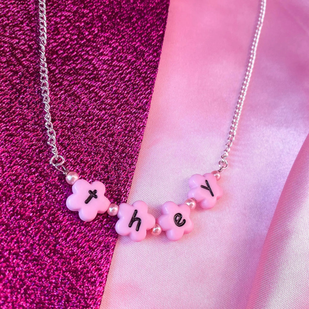 Pink THEY flower shape letter bead necklace Leftbians