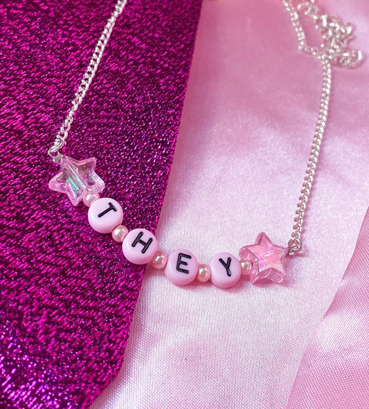 Pink THEY letter bead necklace