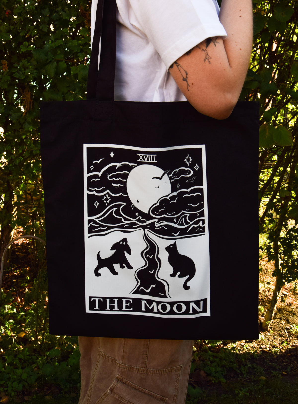 The Moon Tarot Card Cotton Tote Bag in Black