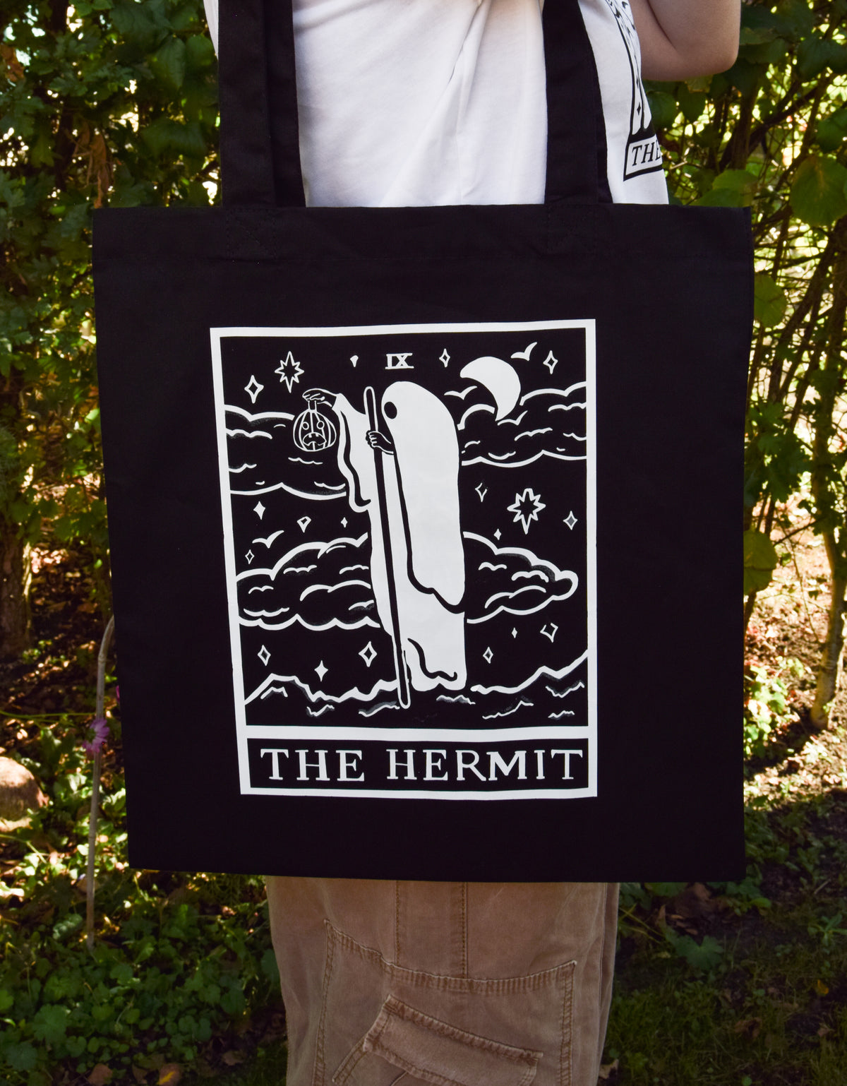The Hermit Tarot Card Cotton Tote Bag in Black