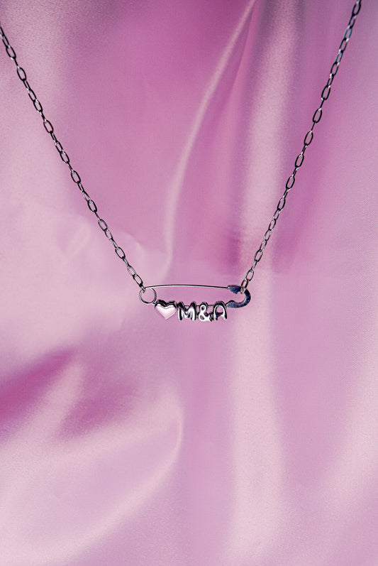 Silver safety pin couple heart necklace