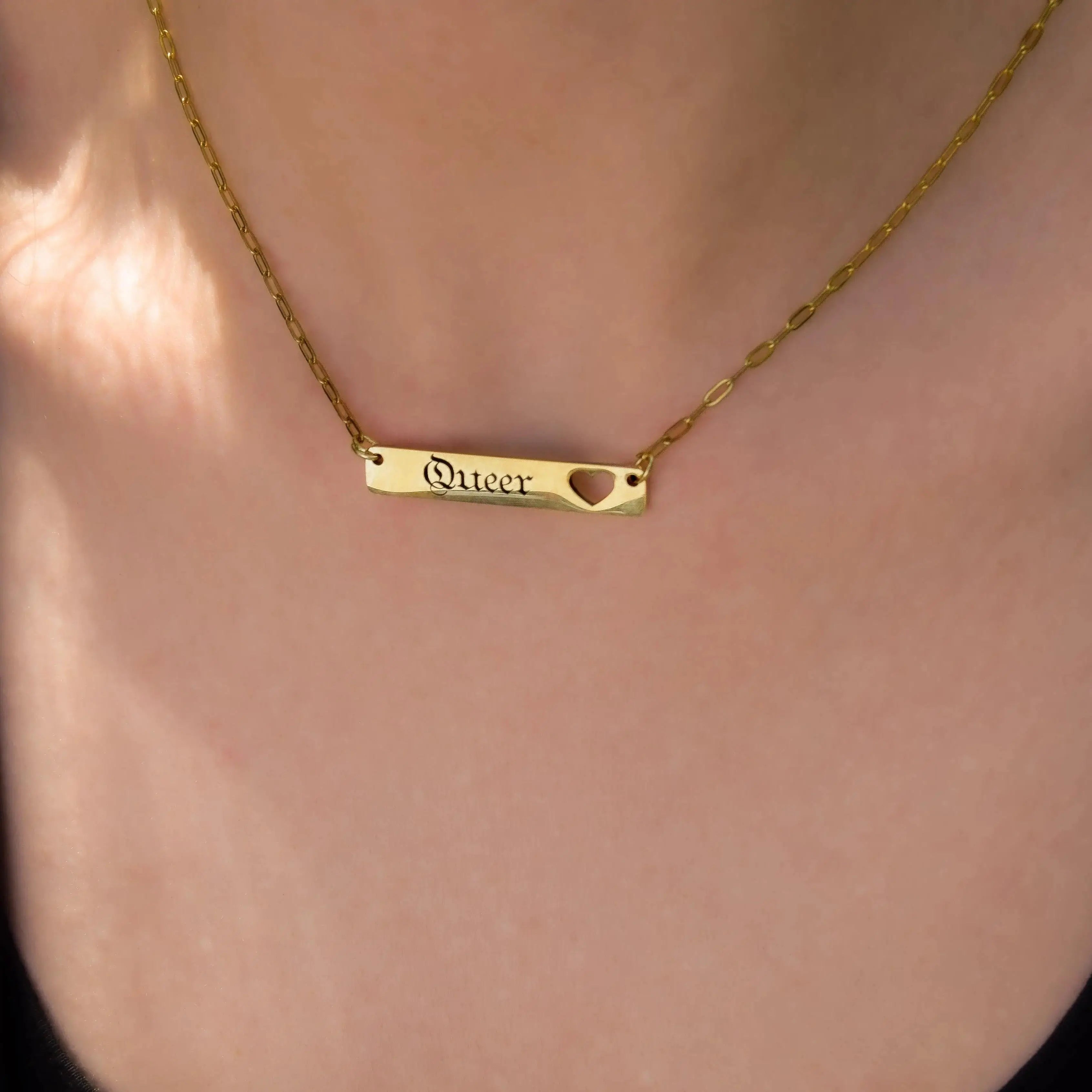 Queer gothic text on bar pendant necklace gold stainless steel Leftbians