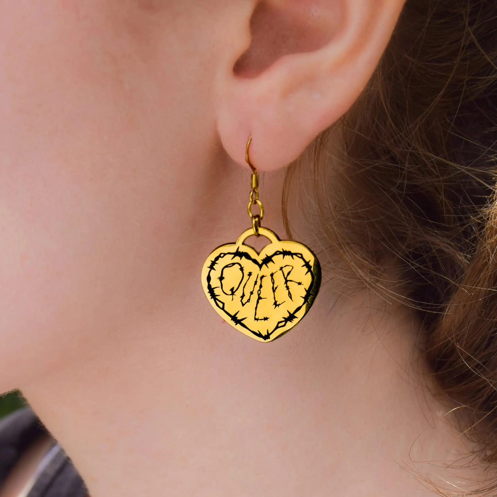 Gold Queer Barbed Wire Heart Stainless Steel Earrings Leftbians