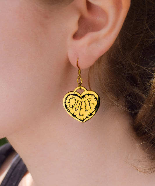 Gold Queer Barbed Wire Heart Stainless Steel Earrings Leftbians