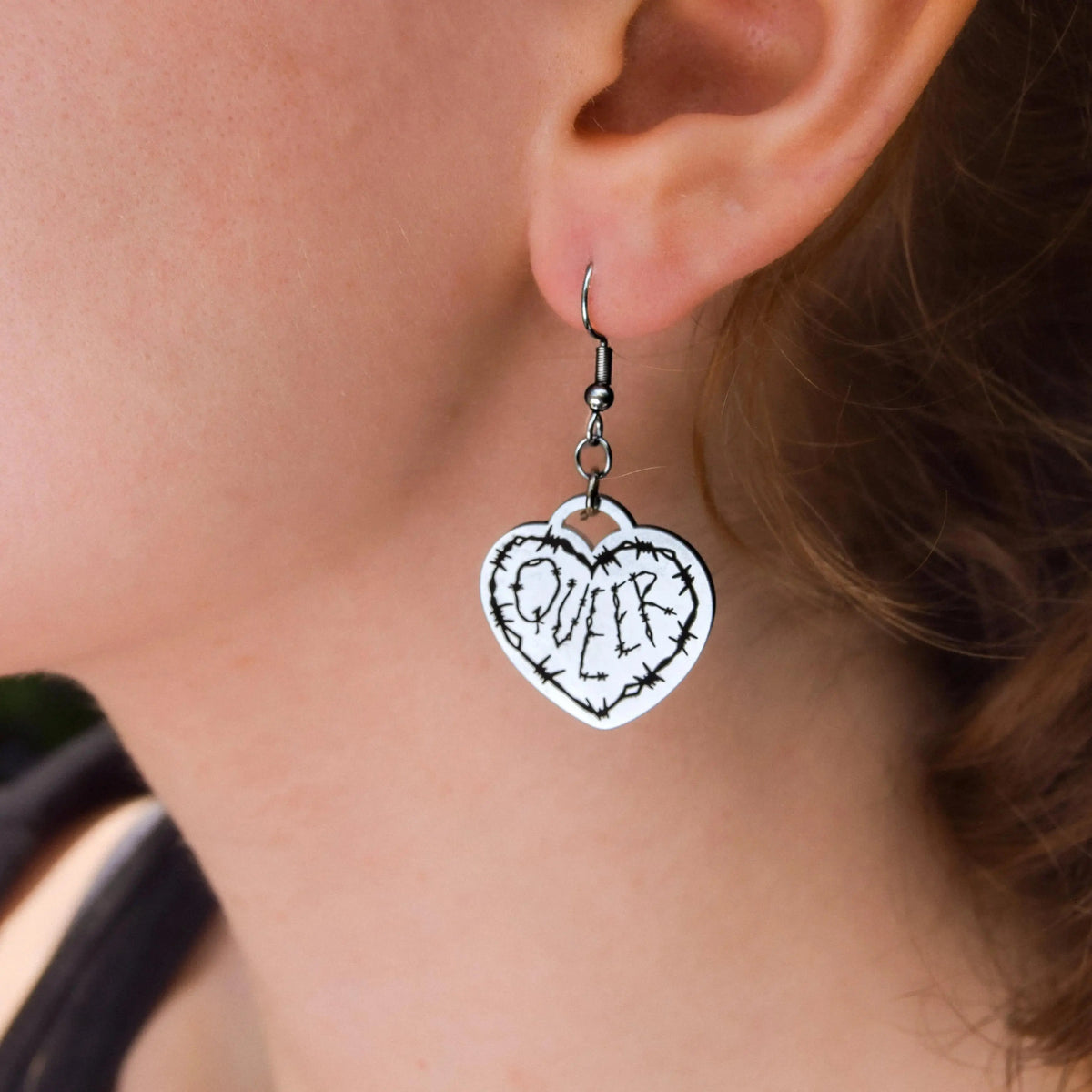 Queer Barbed Wire Heart Silver Stainless Steel Earrings Leftbians