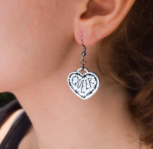 Queer Barbed Wire Heart Silver Stainless Steel Earrings Leftbians