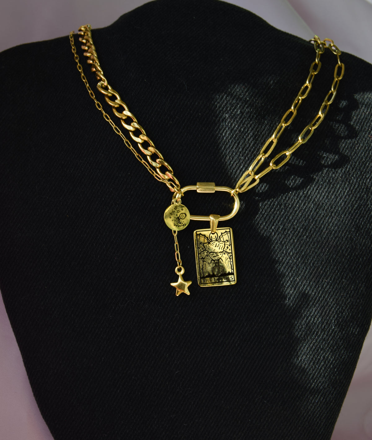 Gold Tarot Card and Star Sign Carabiner Necklace in 304 Stainless Steel, Choose Your Own