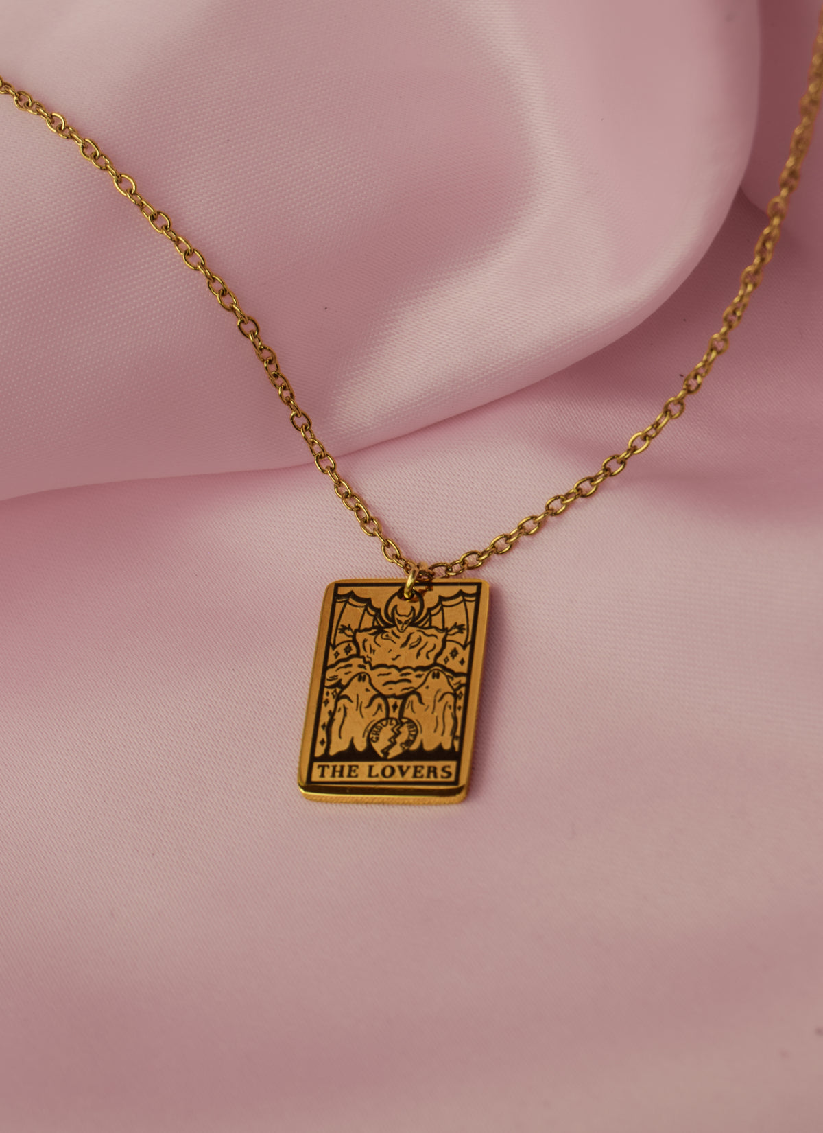 The Lovers Tarot Card Engraved Gold Stainless Steel Necklace