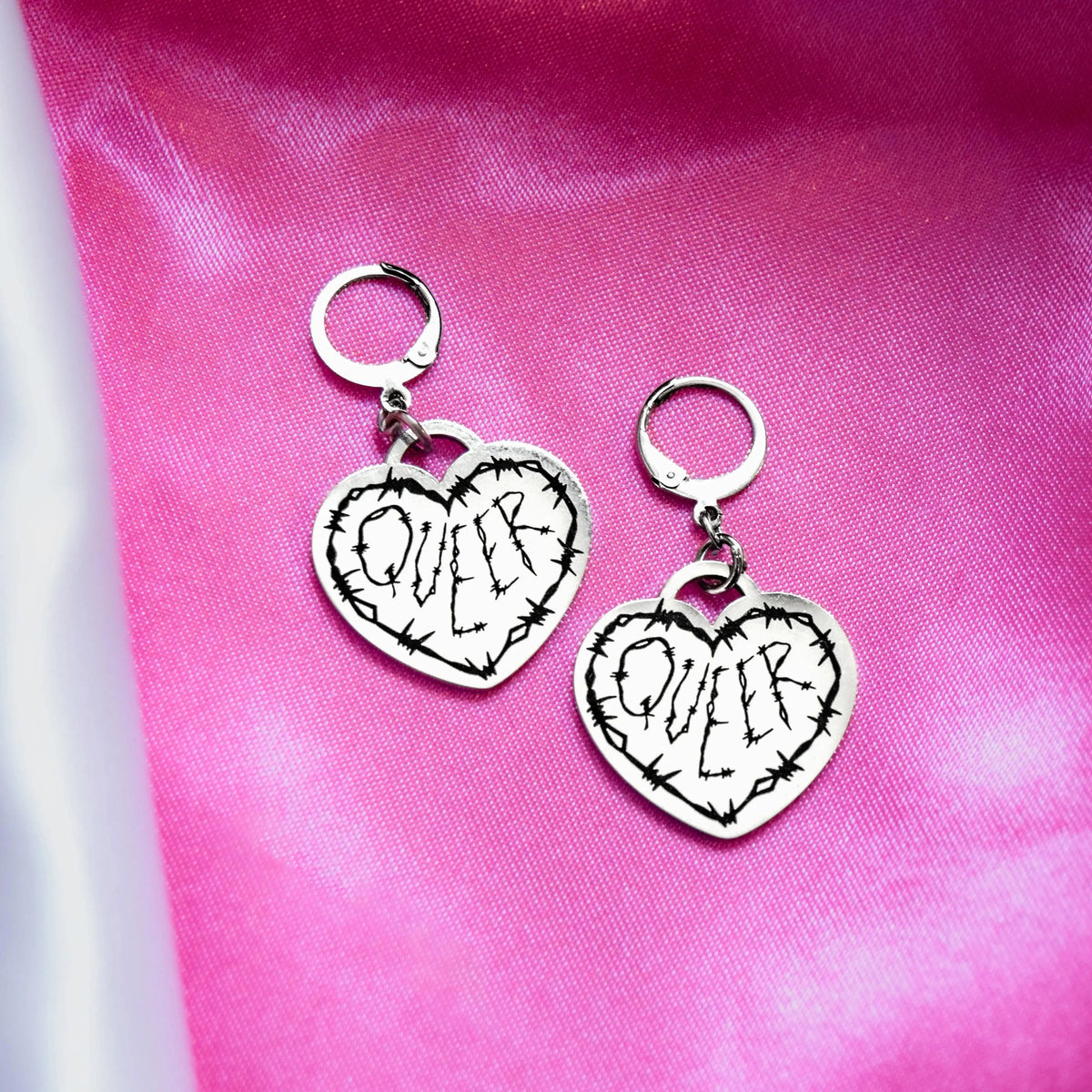 Queer Barbed Wire Heart Silver Stainless Steel Earrings Leftbians