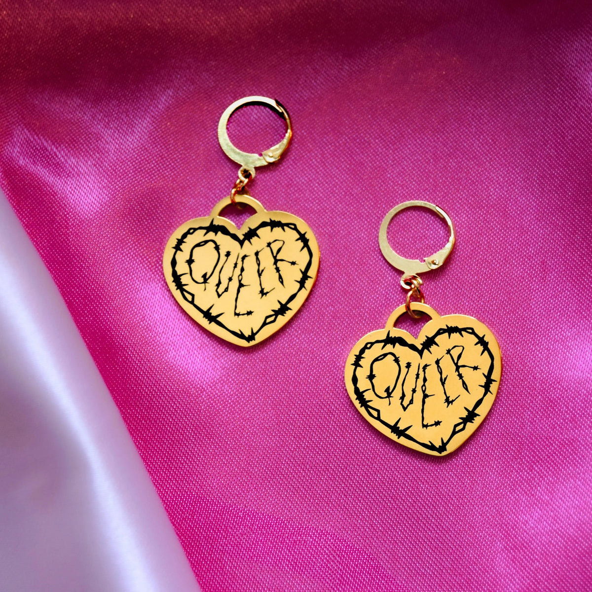 Gold Queer Barbed Wire Heart Stainless Steel Earrings Leftbians