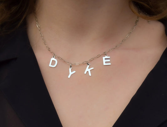 DYKE lettering necklace, 100% stainless steel Leftbians