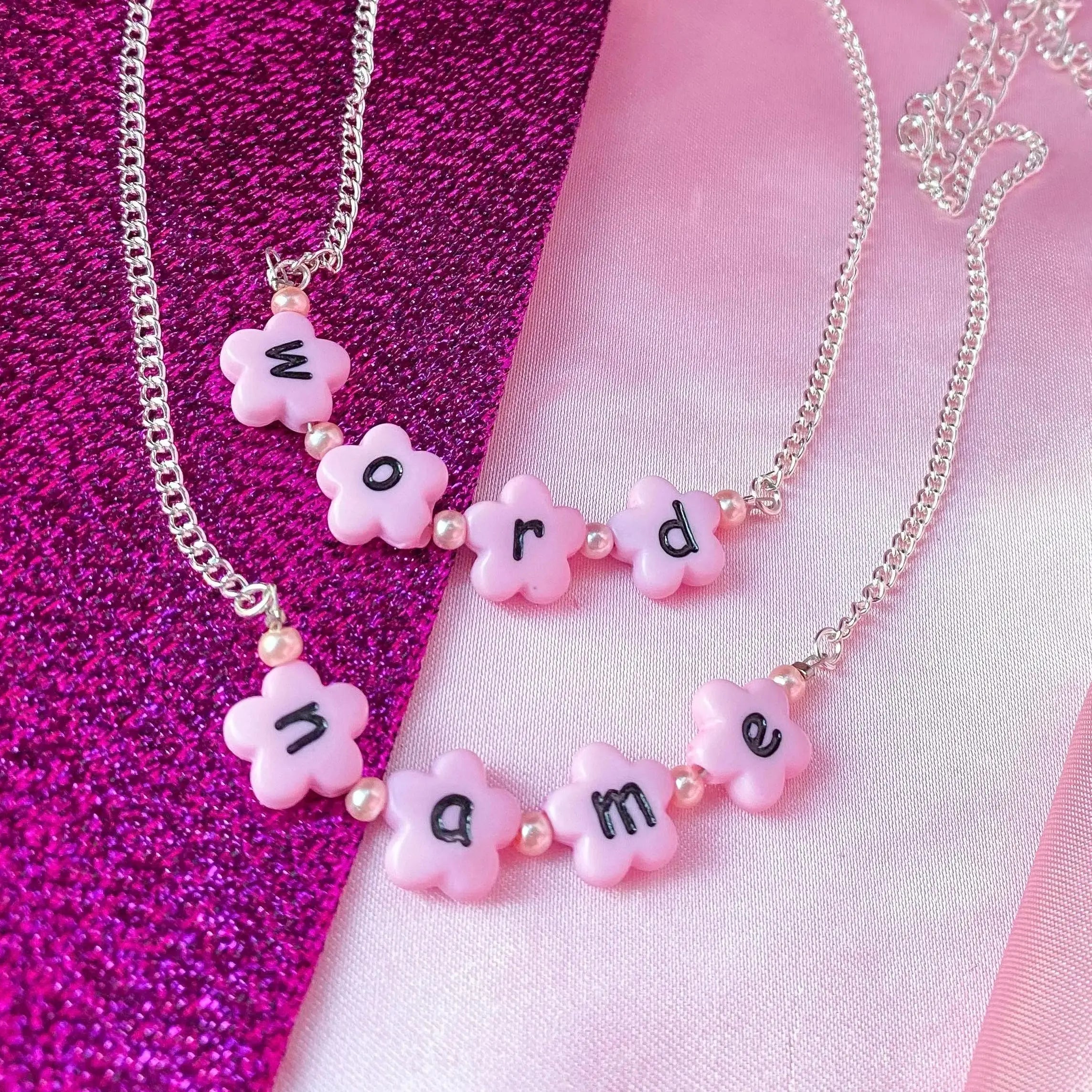 Pink flower letter bead customisable NAME or WORD necklace Leftbians