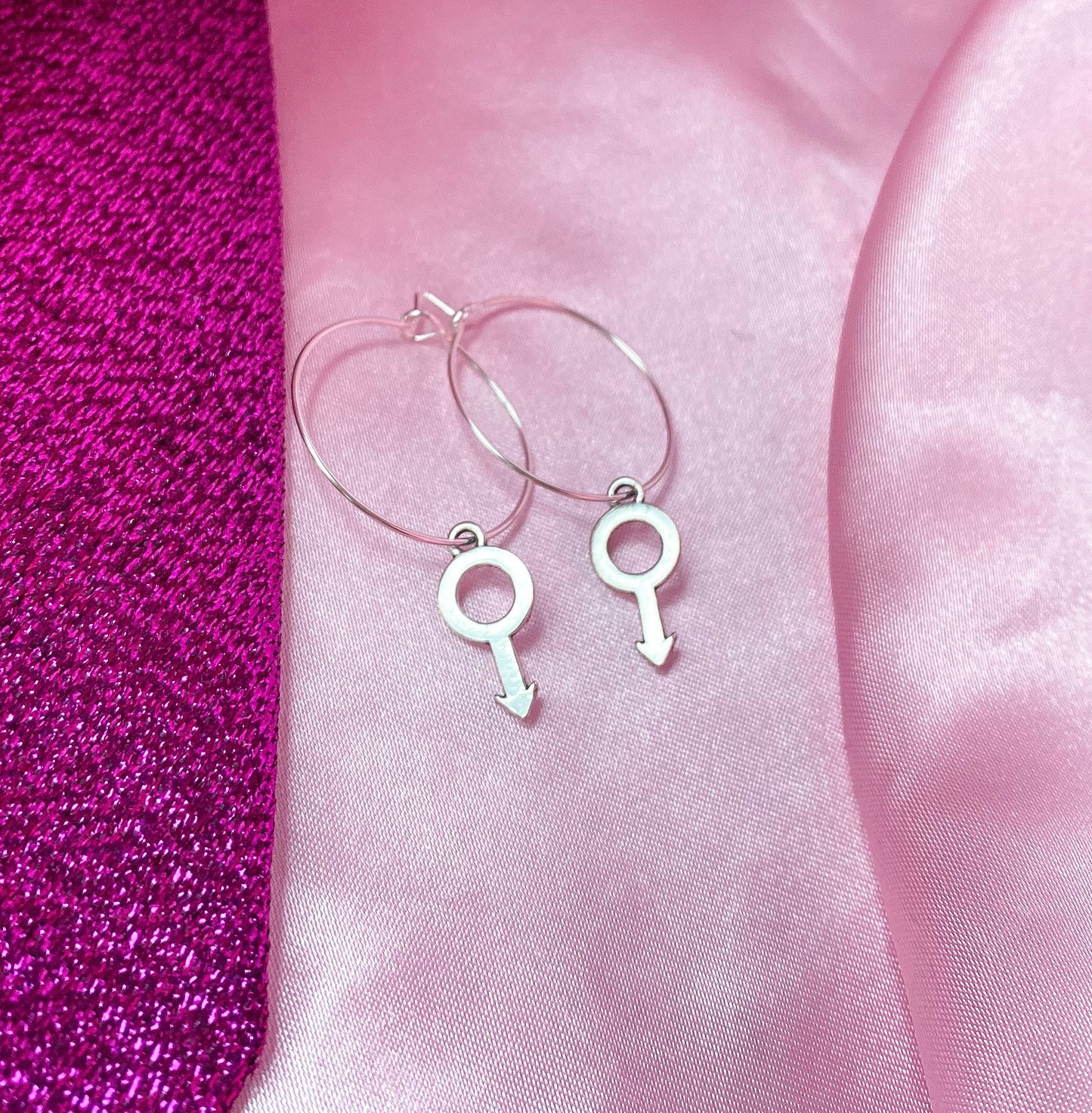 Silver Mars symbol hoop earrings