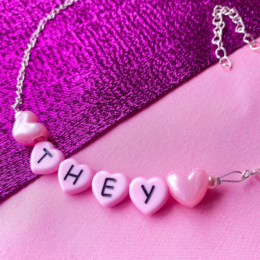Pink They love heart pronoun letter bead necklace Leftbians