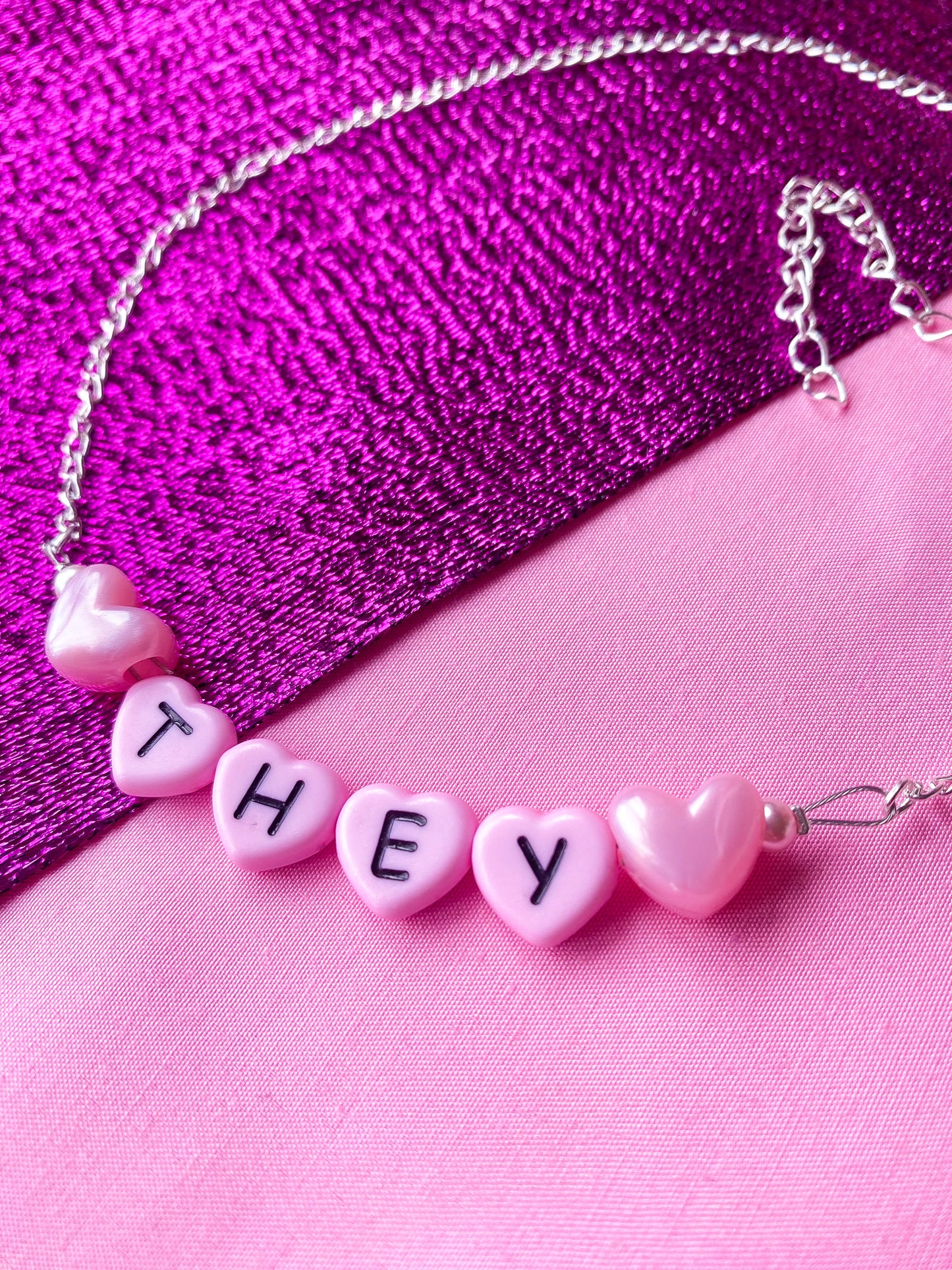 Pink They love heart pronoun letter bead necklace