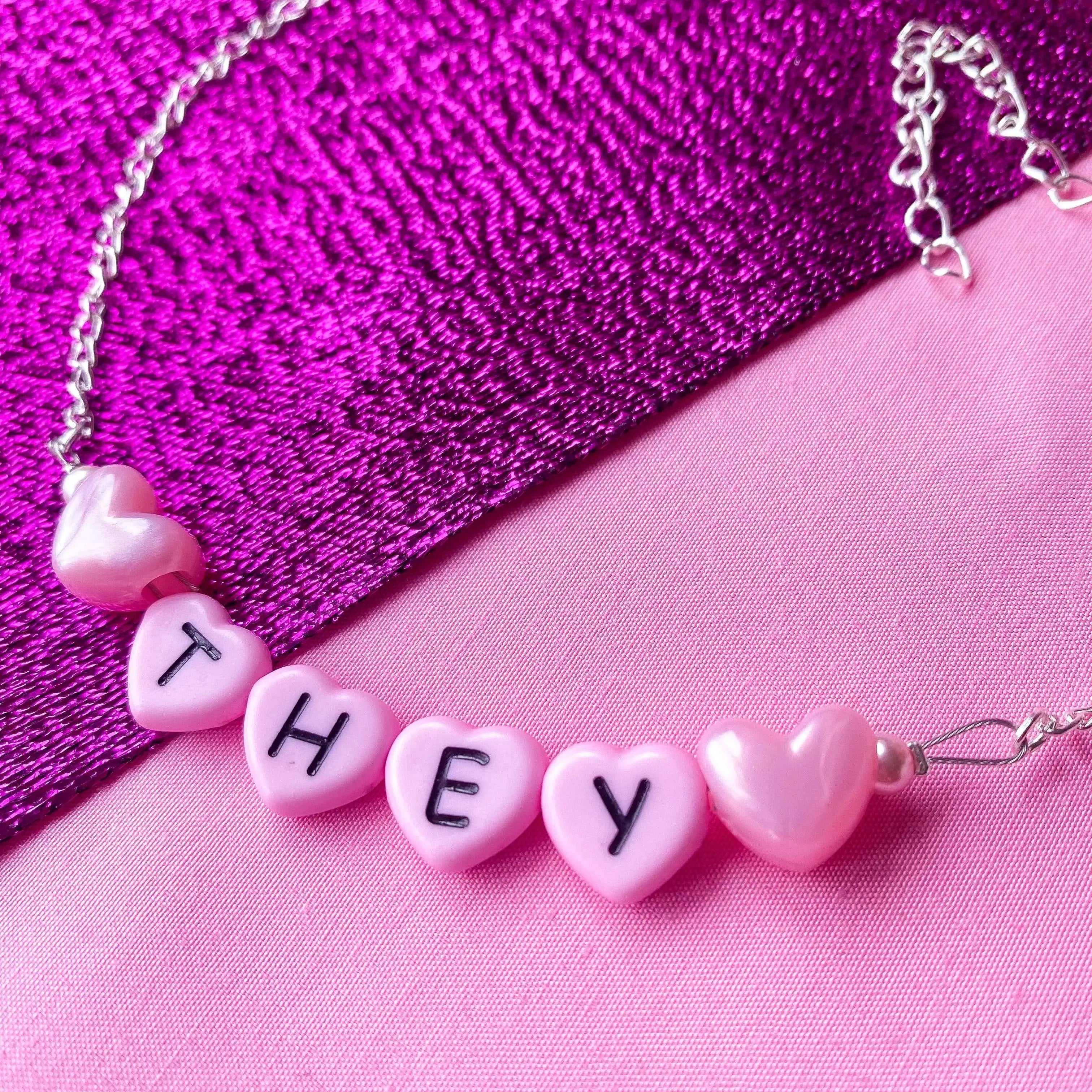 Pink They love heart pronoun letter bead necklace Leftbians