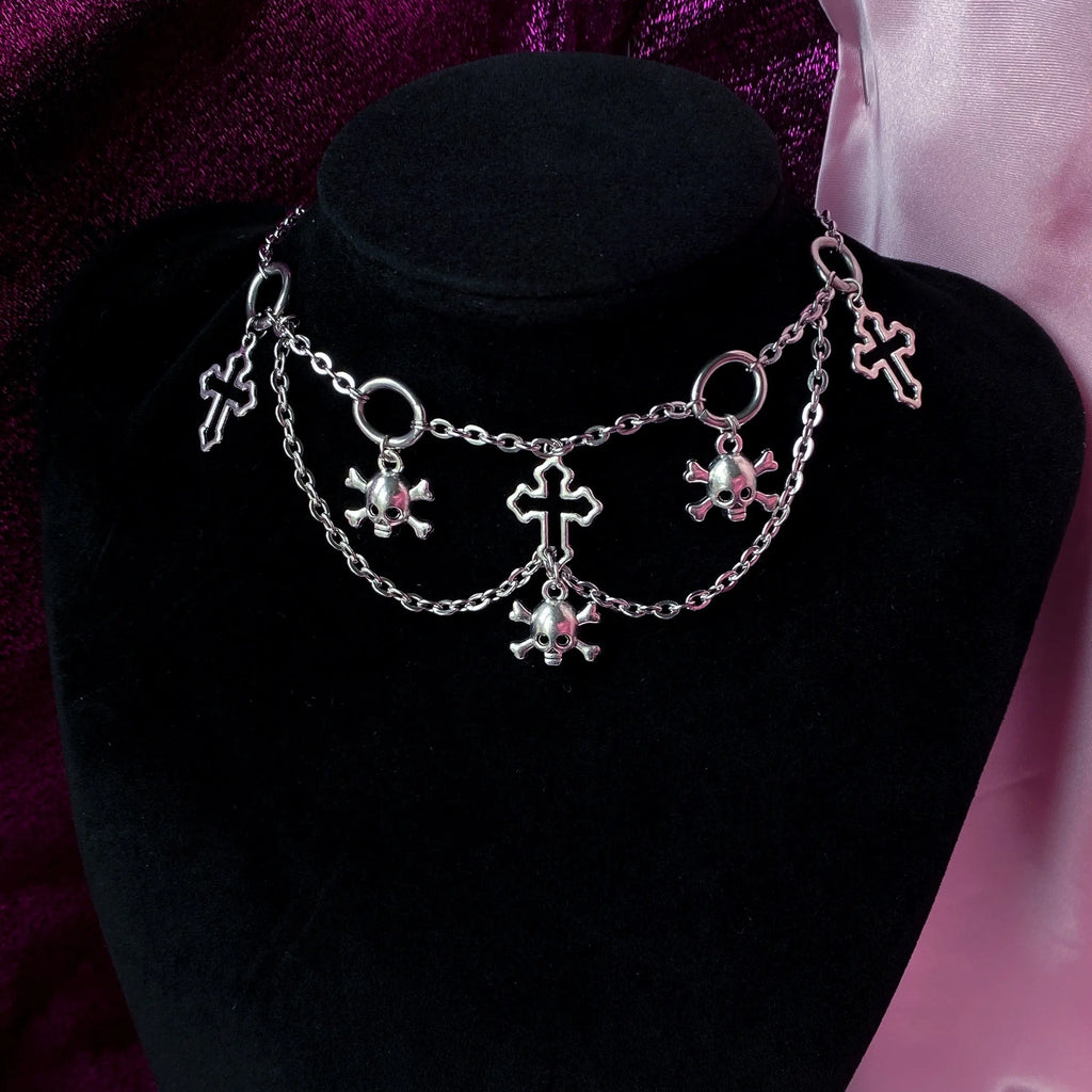 Crucifix and skull gothic statement necklace, halloween chunky necklace Leftbians