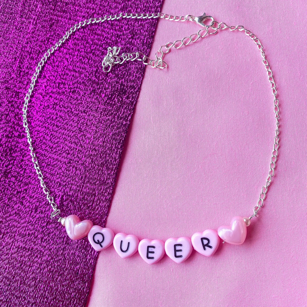 Pink Queer love heart letter bead necklace Leftbians