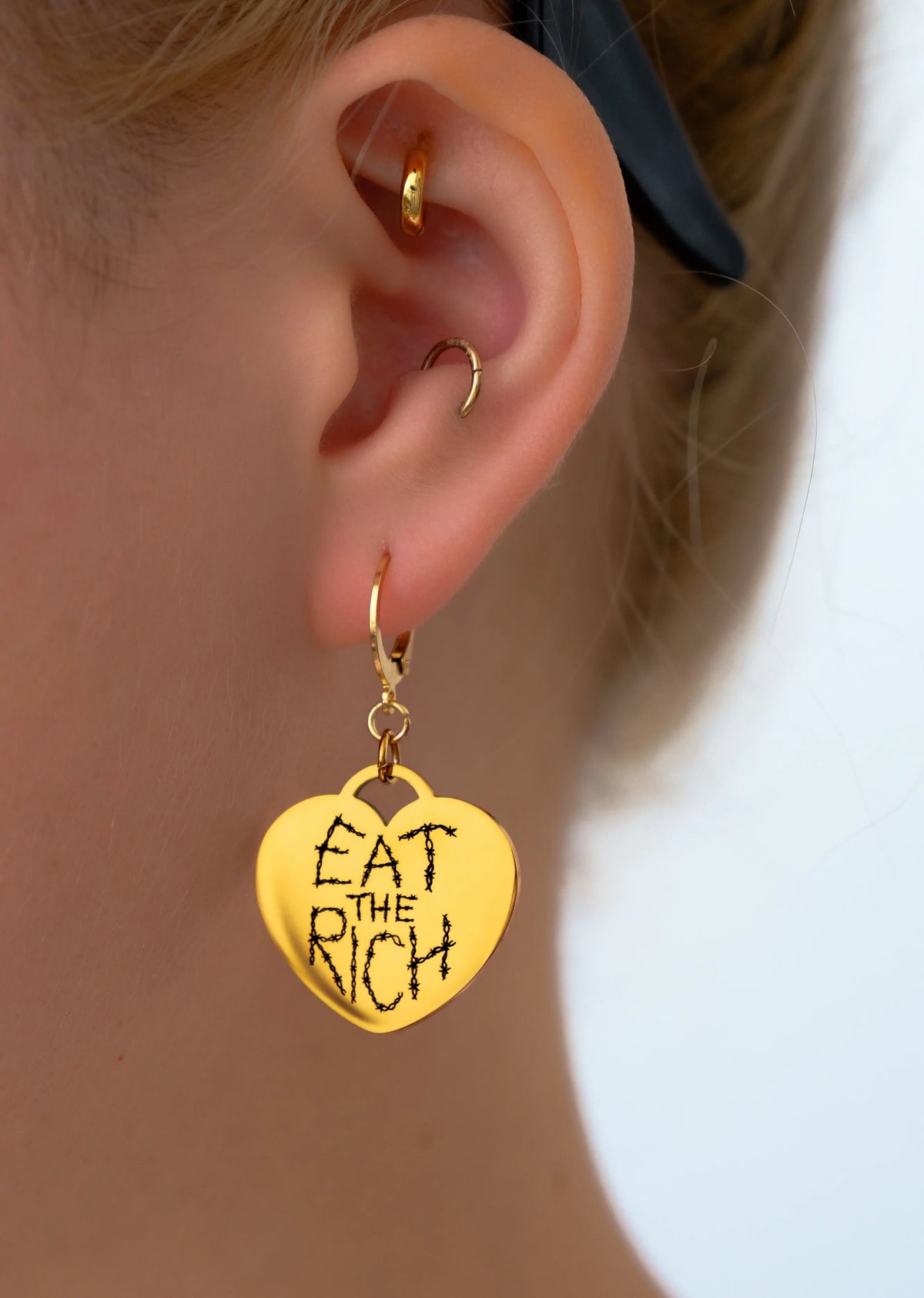 Gold Eat The Rich Engraved Heart Earrings in 304 Stainless Steel
