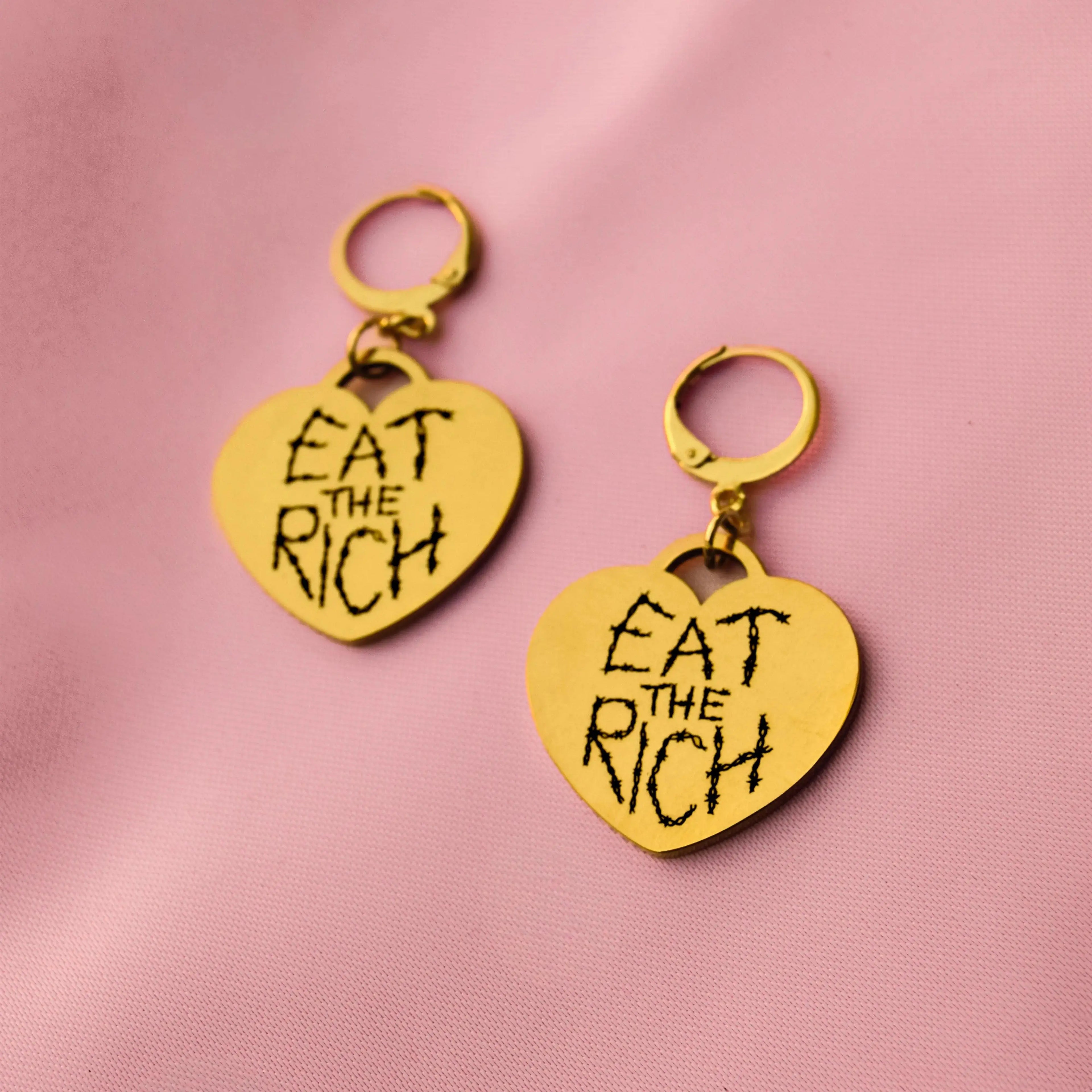 Gold Eat The Rich Barbed Wire Heart Stainless Steel Earrings Leftbians