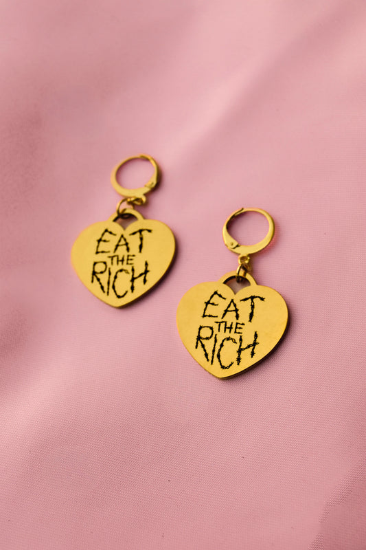 Gold Eat The Rich Barbed Wire Heart Stainless Steel Earrings