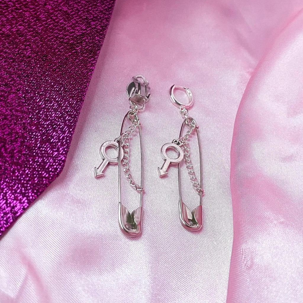 Safety pin earrings with Mars symbol charm Leftbians