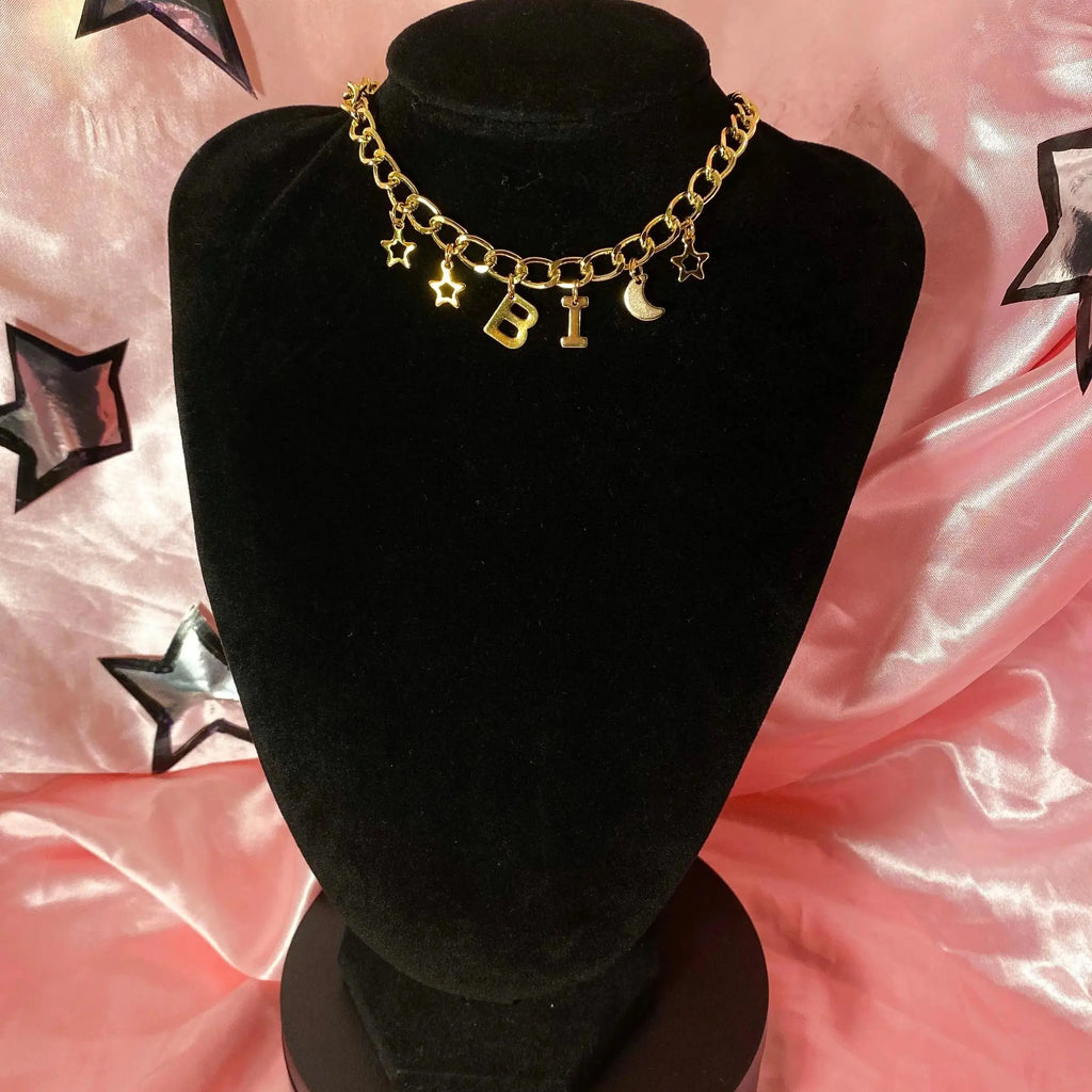 BI gold colour letter charm necklace Leftbians
