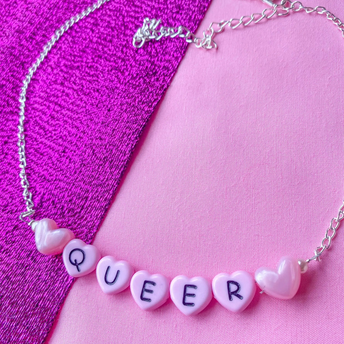 Pink Queer love heart letter bead necklace Leftbians