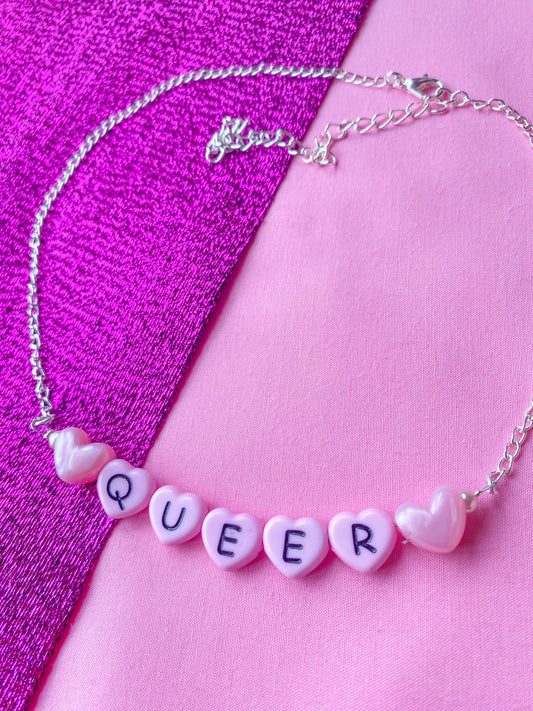 Pink Queer love heart letter bead necklace