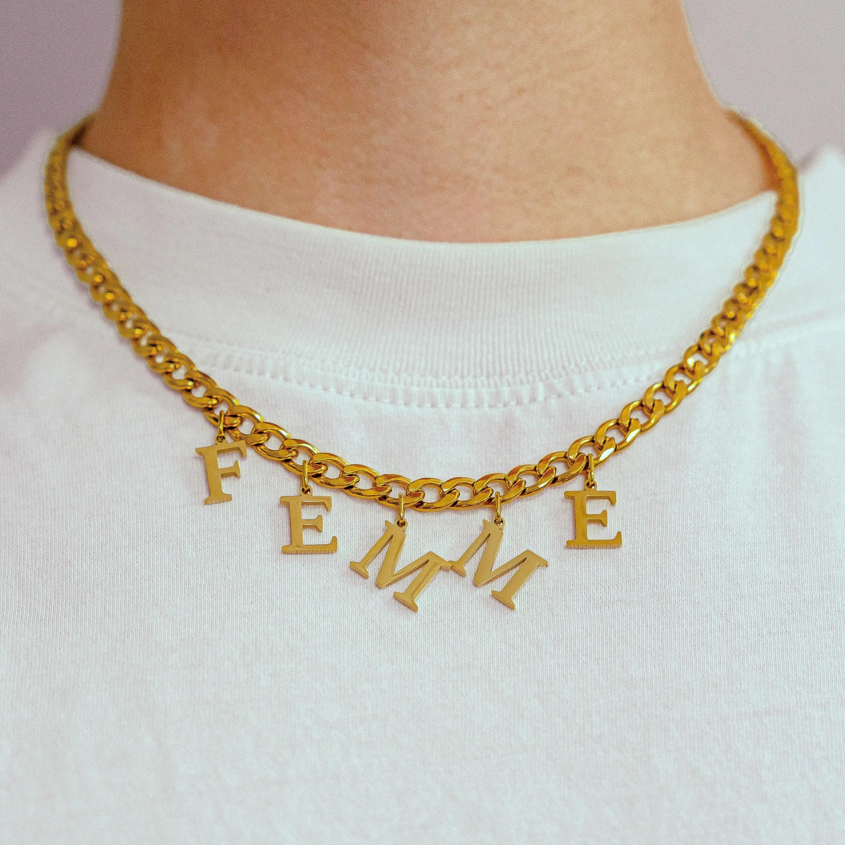Gold FEMME letter charm chain in 304 stainless steel Leftbians