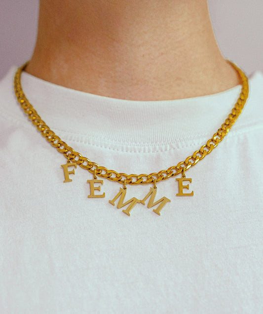 Gold FEMME letter charm chain in 304 stainless steel Leftbians