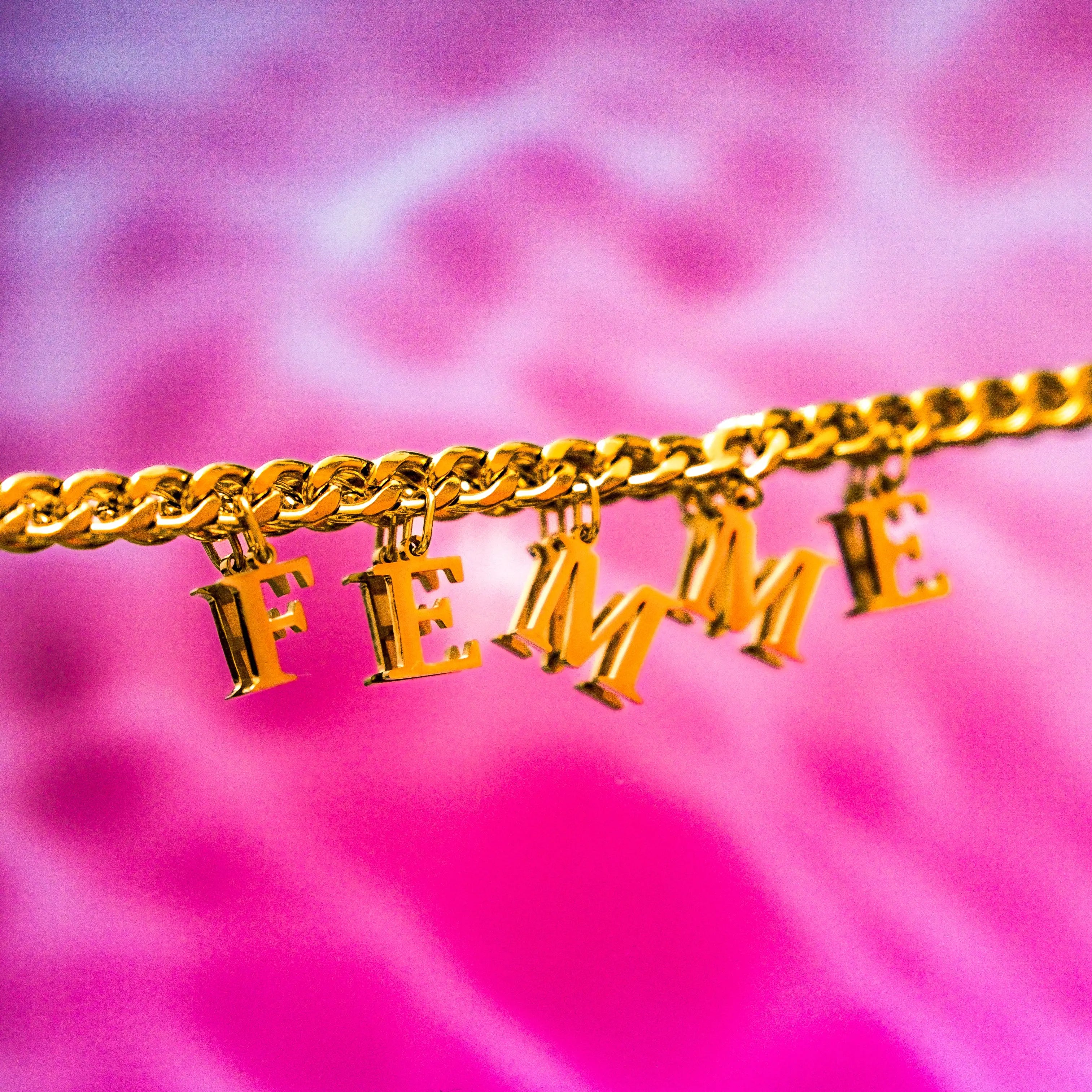 Gold FEMME letter charm chain in 304 stainless steel Leftbians