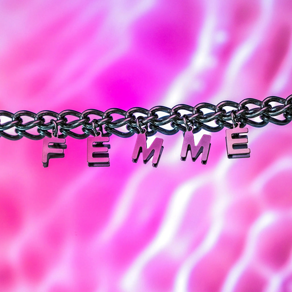 FEMME letter charm chain in stainless steel Leftbians